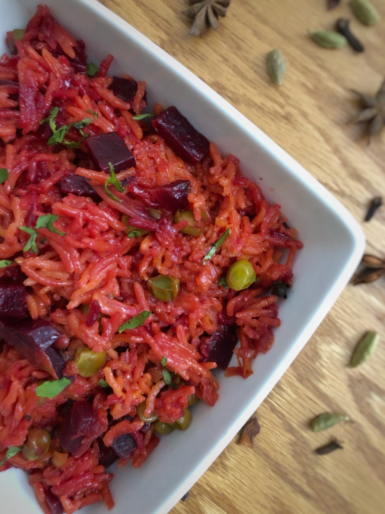 Delicious one-pot rice meal made from beetroot.